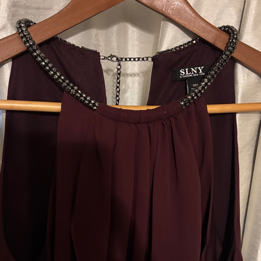 SLNY Deep Burgundy Halter Dress with Beaded Neckline